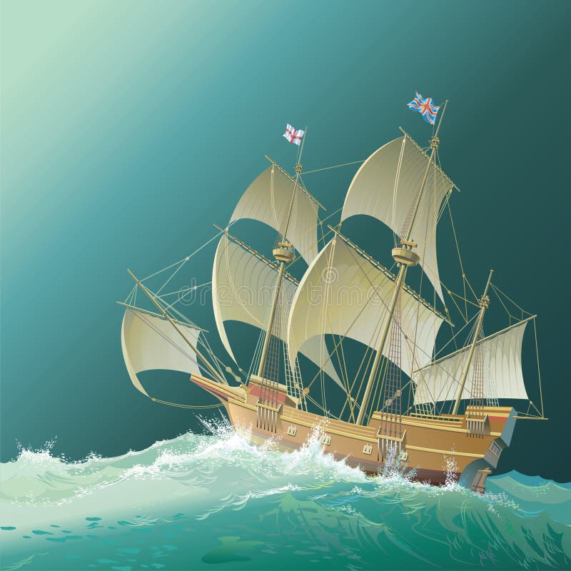 Galleon Mayflower in heavy sea on the way to America. Mayflower ship vectors