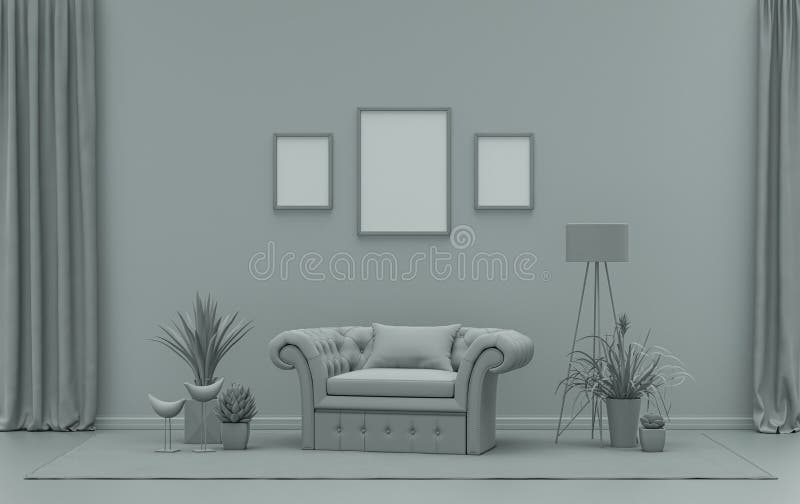 Gallery wall with three frames, in monochrome flat single ash gray color room with furnitures and plants,  3d Rendering