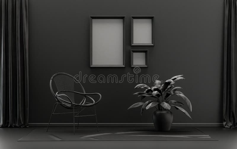 Gallery wall with three frames, in monochrome flat single black and dark gray color room with single chair and plants,  3d