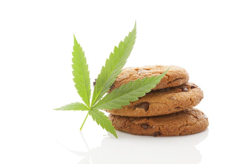 Galletas con la hoja del cáñamo en blanco foto de archivo Galletas con la hoja del cáñamo en blanco foto de archivo