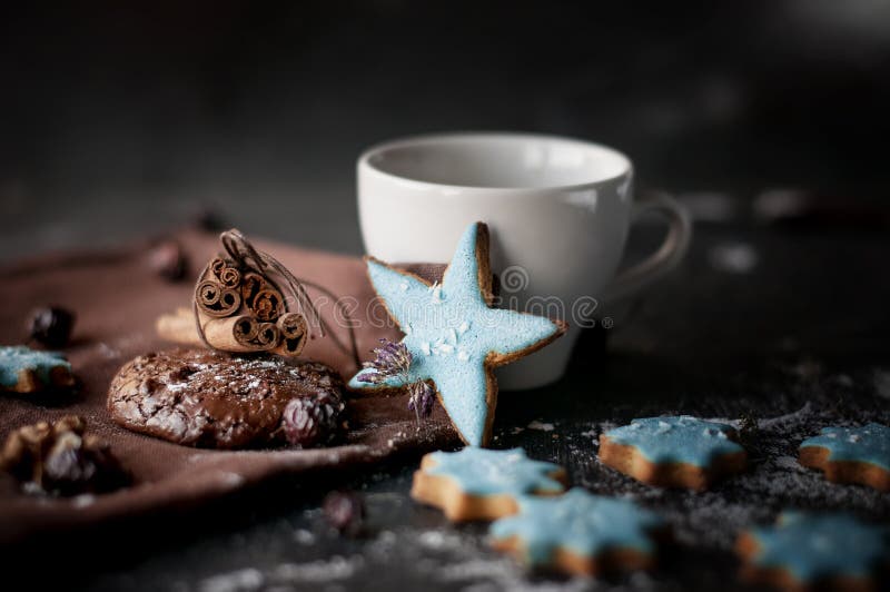 Galletas, estrella y canela hechos en casa del microprocesador de chocolate de la Navidad. imagenes de archivo Galletas, estrella y canela hechos en casa del microprocesador de chocolate de la Navidad. imagenes de archivo