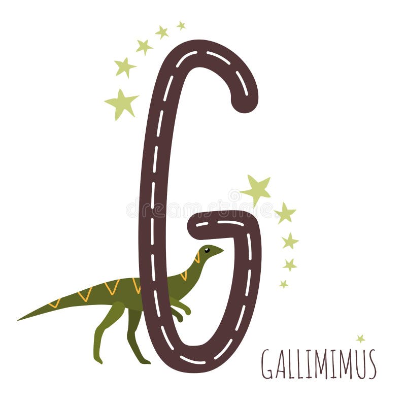 Gallimimus. Letter G with reptile name. Hand drawn cute omnivorous dinosaur. Educational prehistoric illustration. Dino alphabet. stock illustration