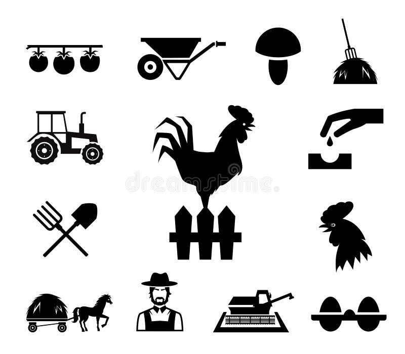 Gallo en la cerca rodeada por los iconos temáticos de la granja stock de ilustración Gallo en la cerca rodeada por los iconos temáticos de la granja stock de ilustración