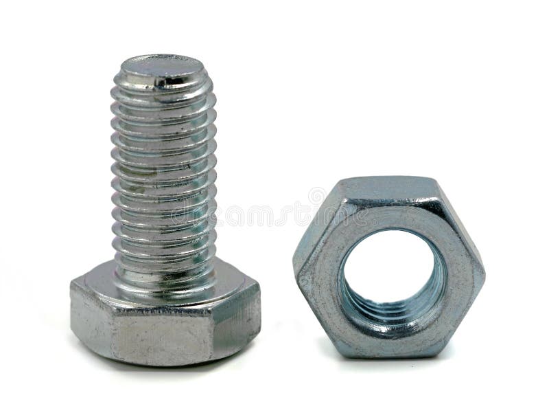 Galvanized hex screw with hex nut close up on white background