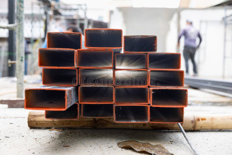 Galvanized Rectangular Steel Tube in Construction Site Stock Image