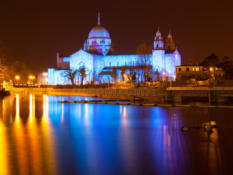 Galway Cathedral lit up blue at night