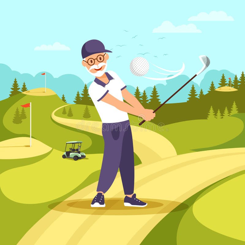 Front View of Mature Bearded Man in Uniform and Cap Playing Golf with Club and Ball at Green Lawn. Retired Aged Male Person Healthy Active Lifestyle. Weekend Passtime, Cartoon Flat Vector Illustration. Front View of Mature Bearded Man in Uniform and Cap Playing Golf with Club and Ball at Green Lawn. Retired Aged Male Person Healthy Active Lifestyle. Weekend Passtime, Cartoon Flat Vector Illustration