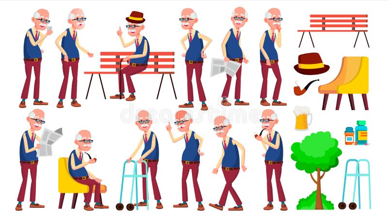 Old Man Poses Set Vector. Elderly People. Senior Person. Aged. Funny Pensioner. Leisure. Postcard, Announcement, Cover Design Isolated Cartoon Illustration. Old Man Poses Set Vector. Elderly People. Senior Person. Aged. Funny Pensioner. Leisure. Postcard, Announcement, Cover Design Isolated Cartoon Illustration