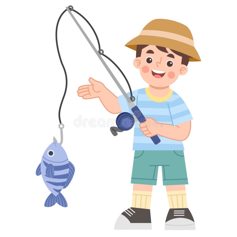 Illustration of Boy Fishing with Caught Fish vector illustration