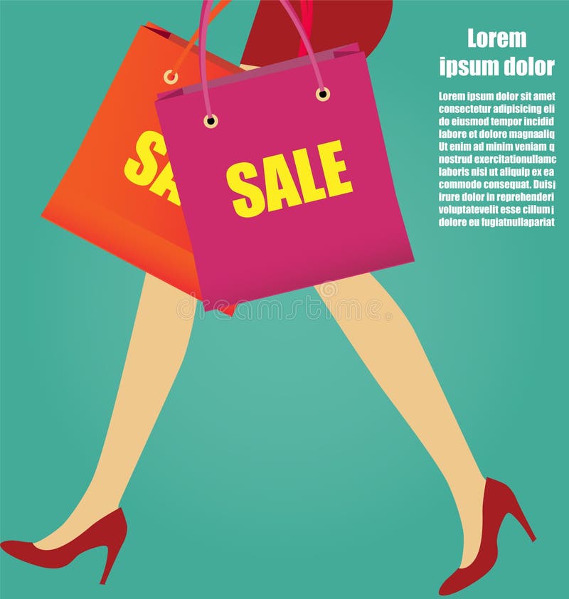 Gambe delle donne con i tacchi alti ed i sacchetti della spesa rossi, affare Conce royalty illustrazione gratis