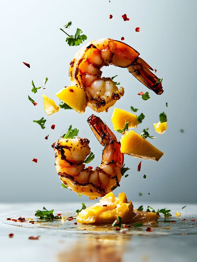 Gamberetti grigliati con un mango cubano e delle erbe fresche illustrazione vettoriale
