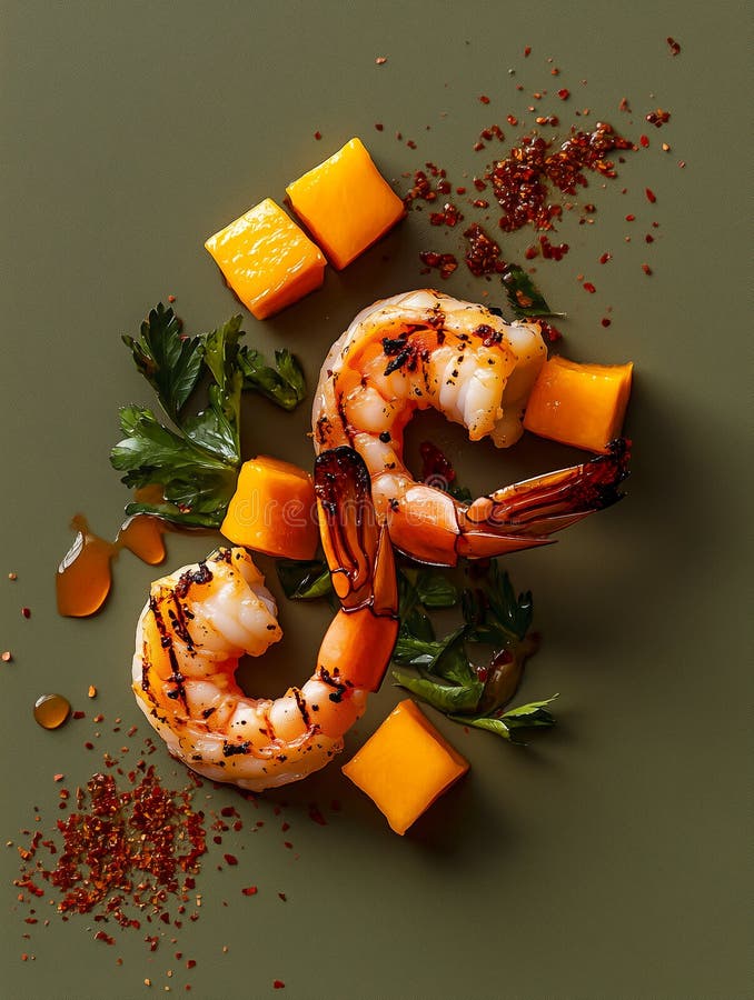 Gamberetti grigliati sotto salsa con un lato di cubetti di mango e di erbe fresche illustrazione di stock