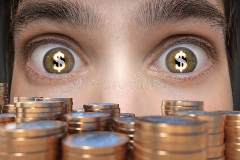 Gambling concept. Young man sees a lot of money and has dollar signs in his eyes stock photos Gambling concept. Young man sees a lot of money and has dollar signs in his eyes stock photos