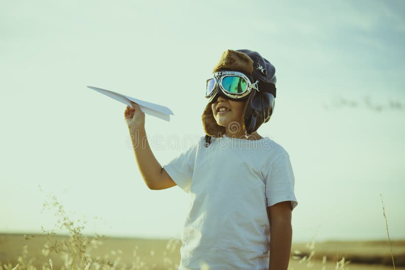 Game, Boy playing to be airplane pilot, funny guy with aviator c