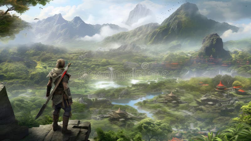A Game Character Exploring a Vast Open World. Generative AI Stock 