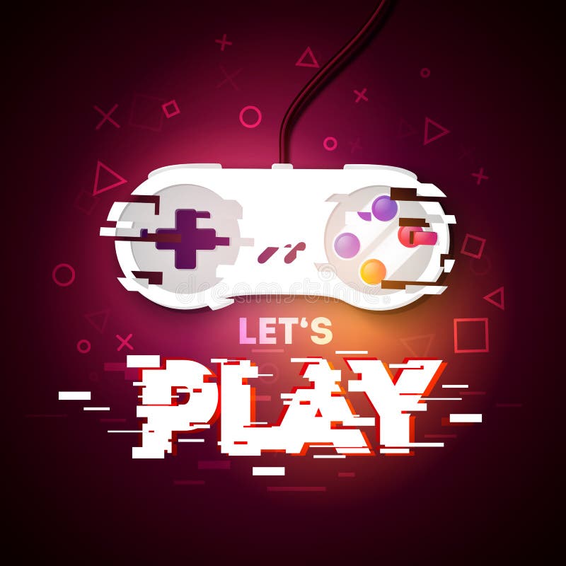 Vector illustration Let`s Play neon sign. Game pad with glitch effect. stock illustration