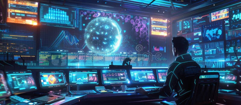 Game Designer with AI in Futuristic Workspace AIG60 royalty free stock photography