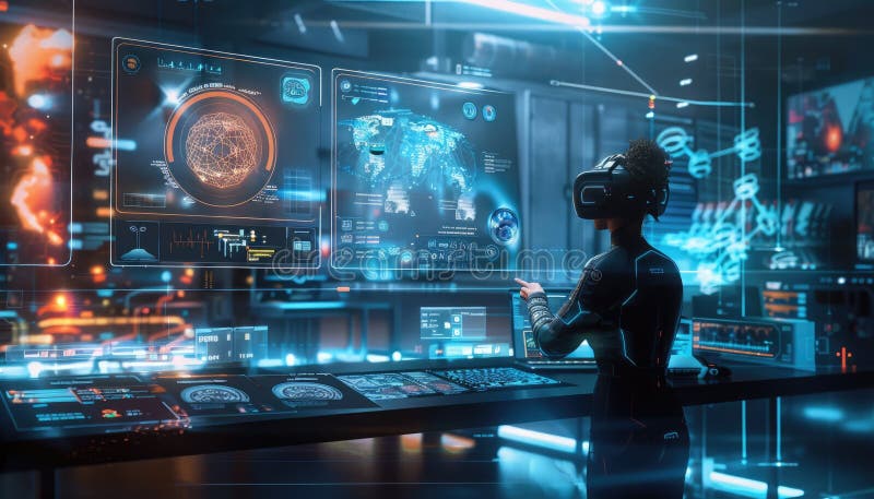 Game Designer with AI in Futuristic Workspace AIG60 royalty free stock photos