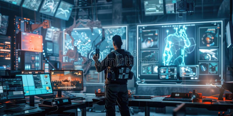 Game Designer with AI in Futuristic Workspace AIG60 stock photography