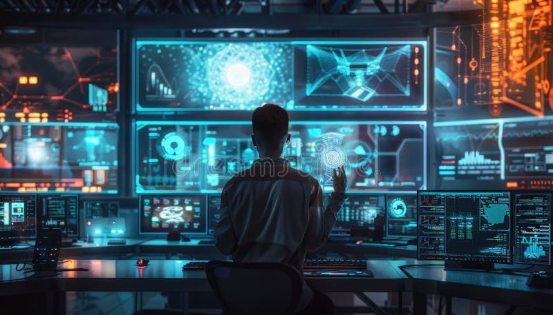 Game Designer with AI in Futuristic Workspace AIG60 royalty free stock photos