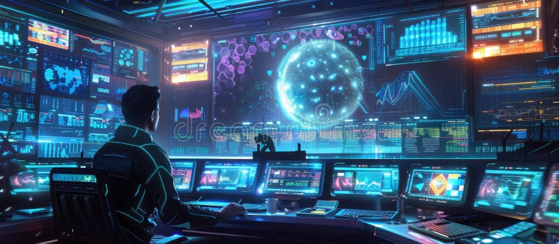 Game Designer with AI in Futuristic Workspace AIG60 stock image