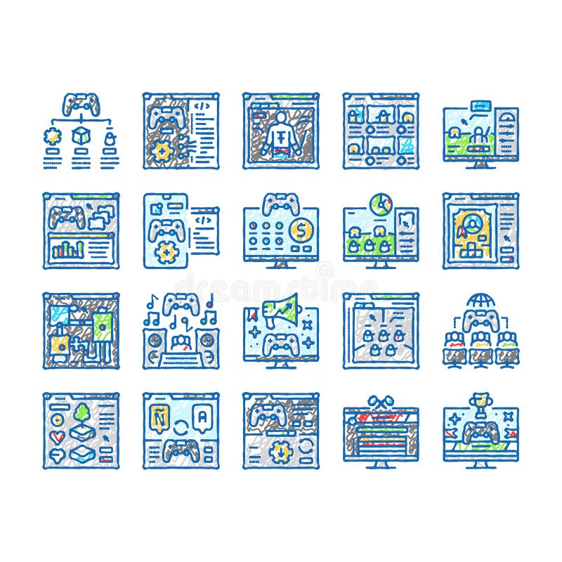 Game development computer icons hand drawn vector illustration