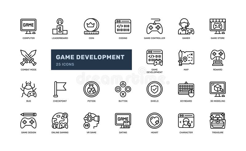 Game development gaming coding project studio outline line icon set stock illustration