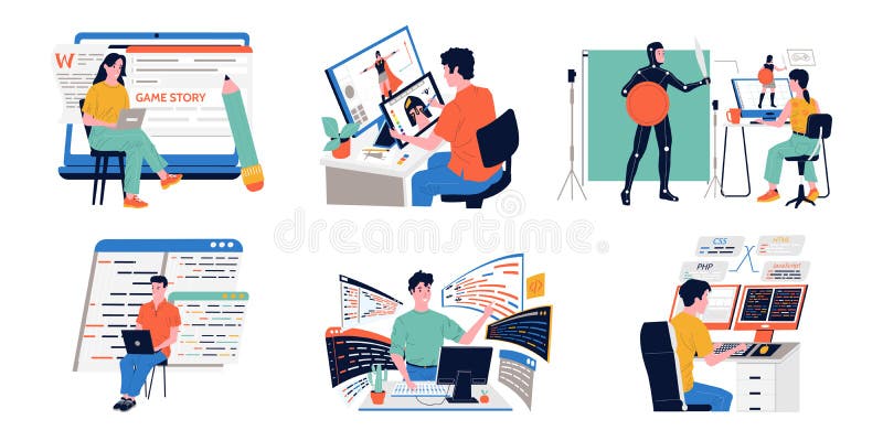 Game development. Programmers working on digital entertainment project. People coding or creating characters. Collective royalty free illustration