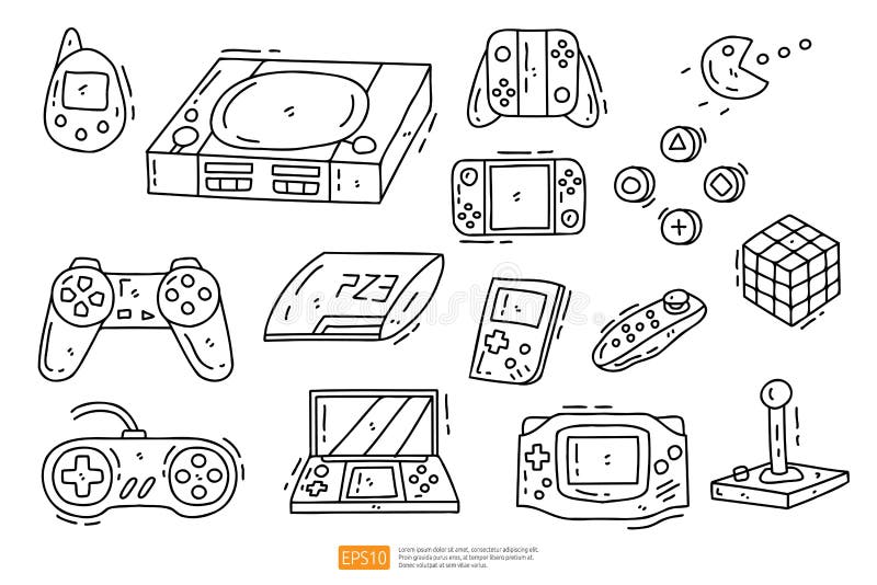 Set of doodle vector icons related to computer games. Joysticks