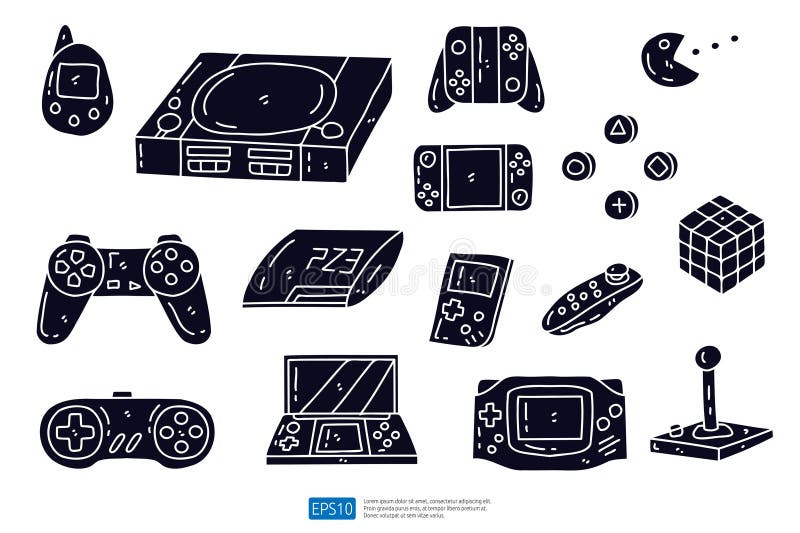 Set of doodle vector icons related to computer games. Joysticks