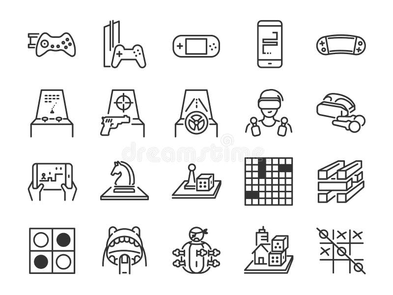 Game and entertainment line icon set. Included the icons as board game, arcade game, console, shooting, puzzle, handheld, mobile a stock illustration Game and entertainment line icon set. Included the icons as board game, arcade game, console, shooting, puzzle, handheld, mobile a stock illustration