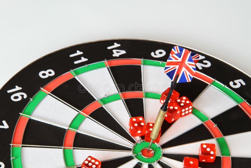 Playing Darts with Darts from the Flags of England, Dices. Stock Photo