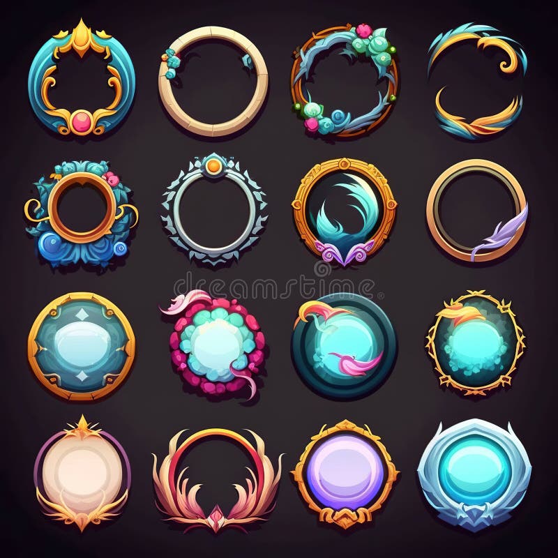 Game frame set, avatar UI fantasy RPG gold border, Vintage metal screen asset kit shiny square interface design element. stock illustration