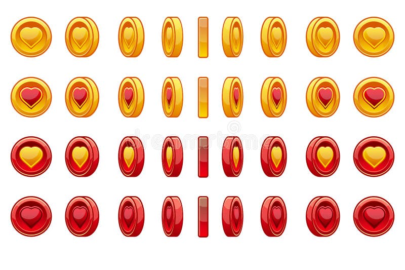 Game icons set of gold and red coin heart for Saint Valentine Day. Coin rotate set for animation. Vector illustration