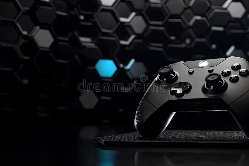 Game joystick controller black hexagon cyberpunk room background gaming sports challenge tournament streaming streamer analog. image is generated with the use of an AI