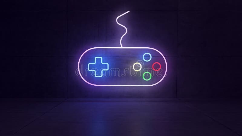 Game joystick neon light in dark concrete room concept 3d rendering vector illustration