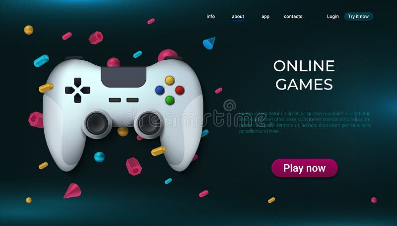 Game landing page. Home and online playing concept with realistic gamepad, game streaming website. Vector PC and console royalty free illustration