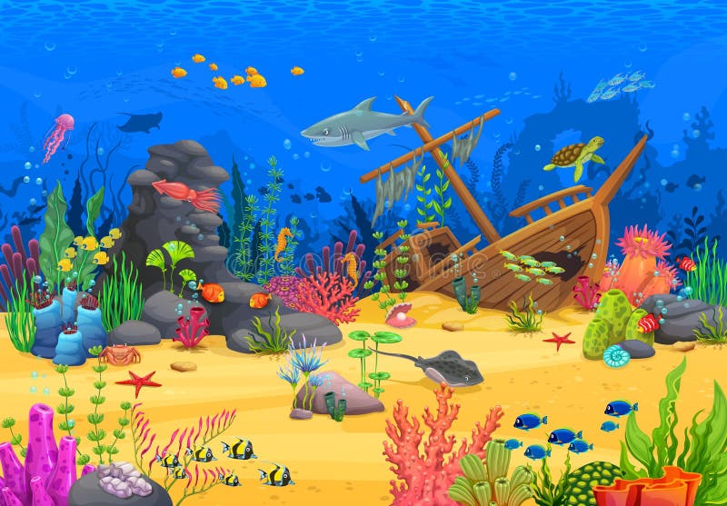 Game level, with cartoon sea underwater animals stock illustration