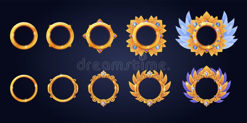Game level frames. Golden circle borders, user avatar gaming rank progress gold ring ui asset round button medieval stock illustration