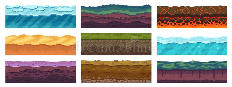 Game level ground. Seamless floor of different textures and materials for level construction, rocks ice grass sand biomes asset. Vector earth texture environment. Illustration of texture floor layer