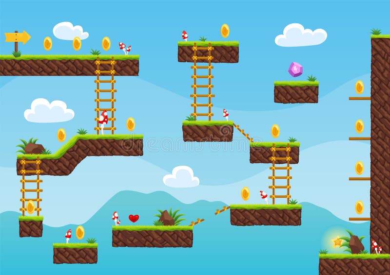 Game level map. Arcade 2d video game for old computer or console. Cartoon computer or mobile arcade with bonus items vector illustration