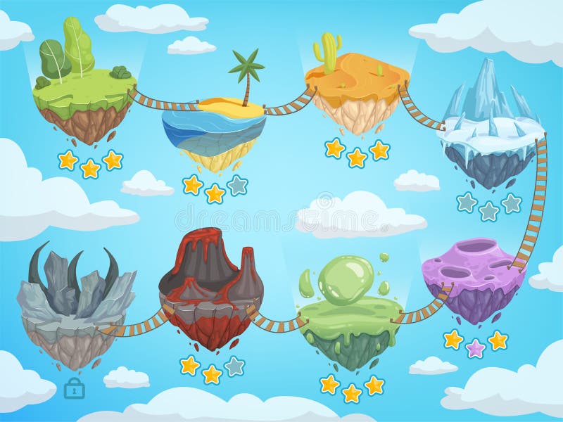 Game level map. Mobile ui stages with various isometric islands with rock grass ice water and volcano vector template stock illustration