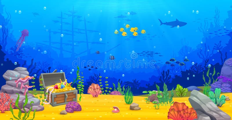 Game level, underwater landscape with pirate chest stock illustration