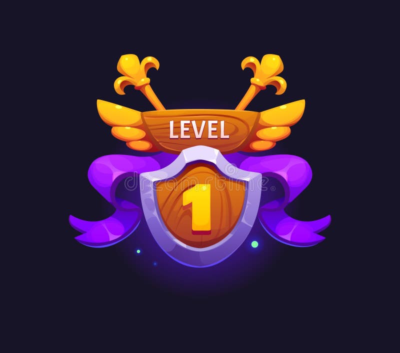 Game level up badge icon, victory rank shield vector illustration