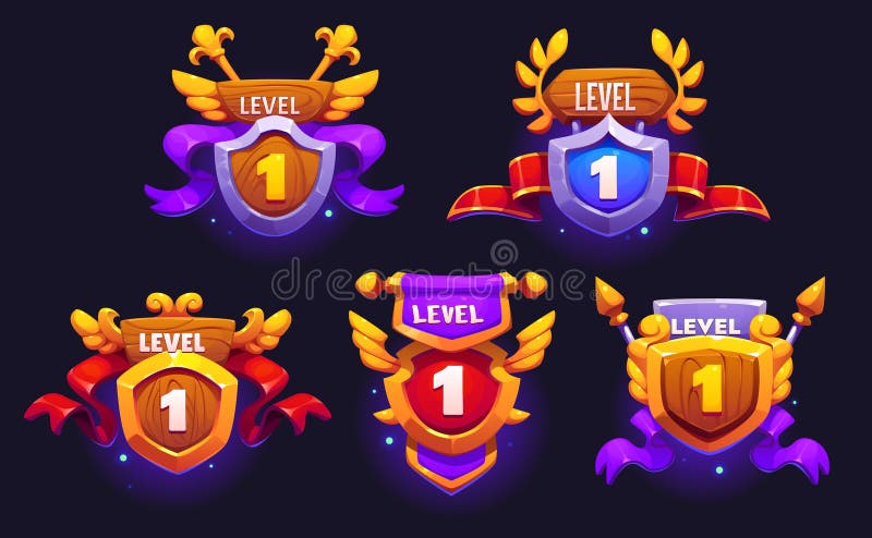 Game level up badge icons, victory shields asset royalty free illustration
