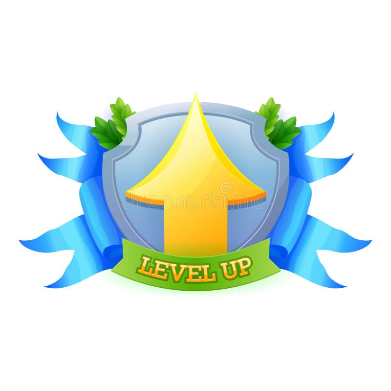 Level up reward on flag cartoon gold icon, game app UI isolated