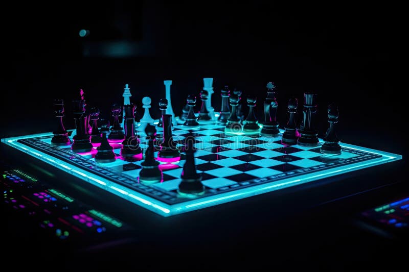 A futuristic chess board with neon lights and unique pieces against a  cosmological background