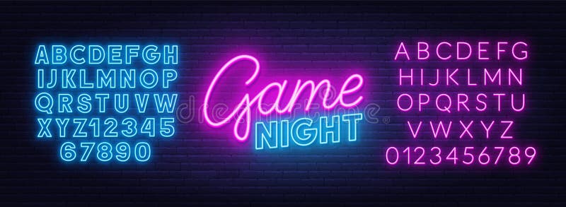 Game night neon sign on brick wall background. Neon blue and pink alphabet. stock illustration