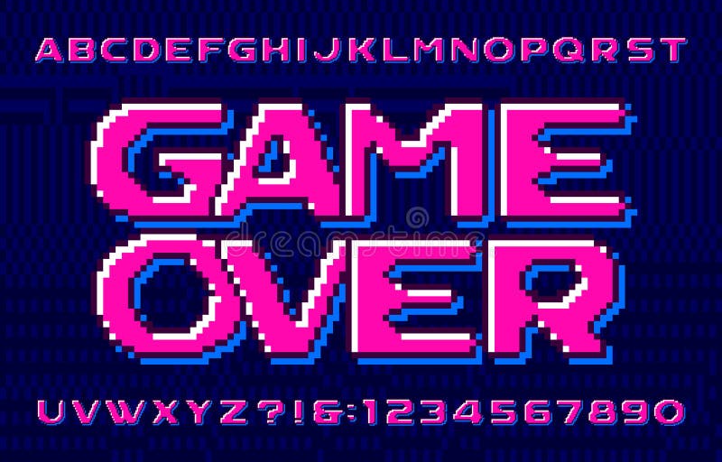 Retro Pixel Game alphabet font. Pixel script letters, numbers and  punctuations. 80s arcade video game typescript. Stock Vector