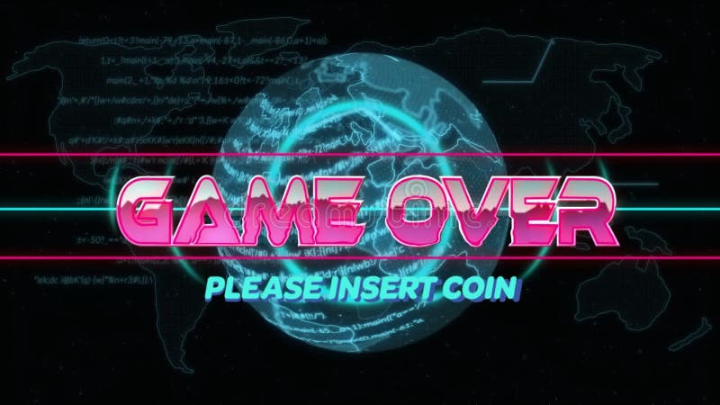 Game Over text animation over digital globe with code and graphs vector illustration